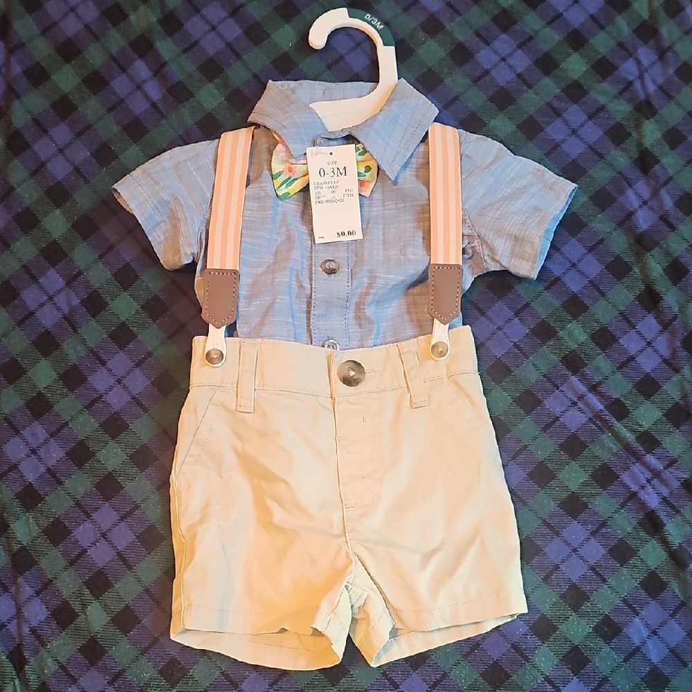 Carter's Blue Shirt and Tan Shorts with Pink Suspenders